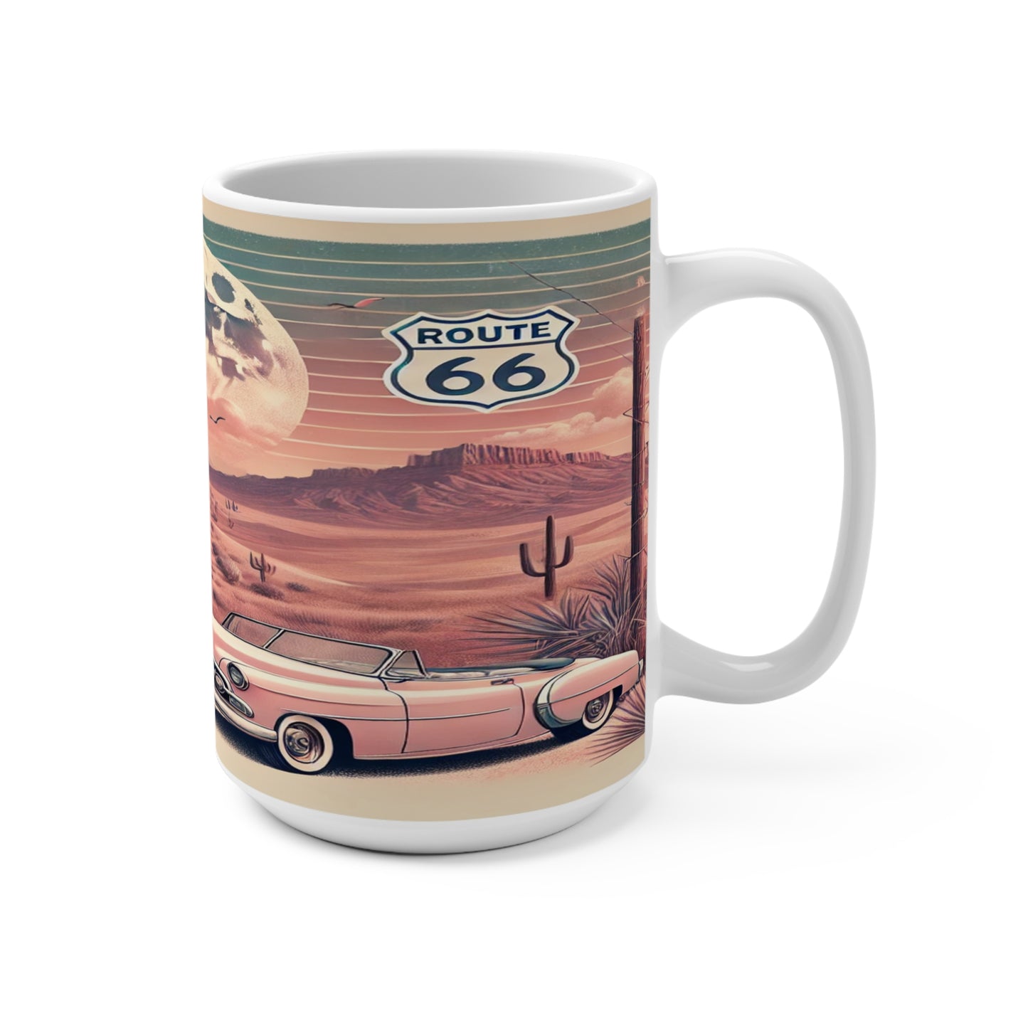 Vintage Route 66 Mug - 15oz Classic Car Design for Road Trip Enthusiasts