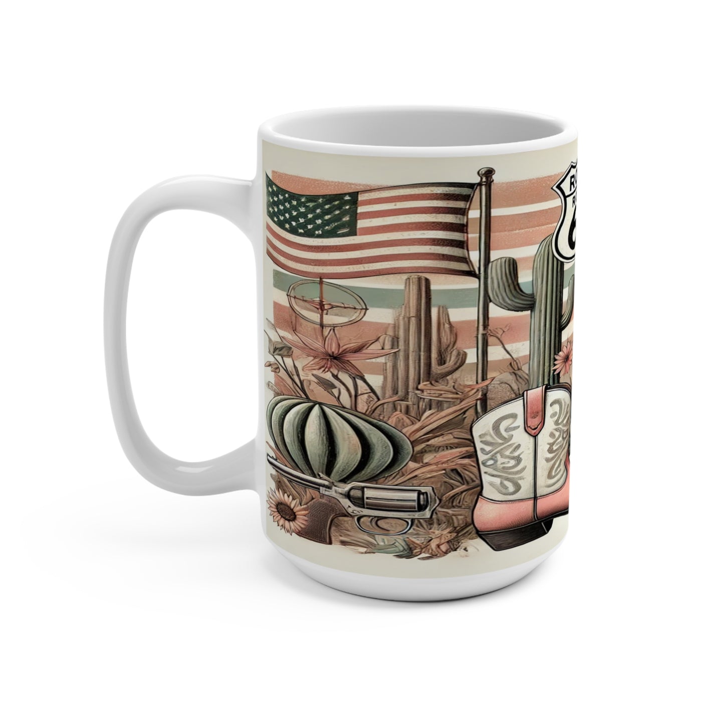 Retro Route 66 Mug - 15oz Western-Themed Coffee Cup with Cactus & Cowboy Design