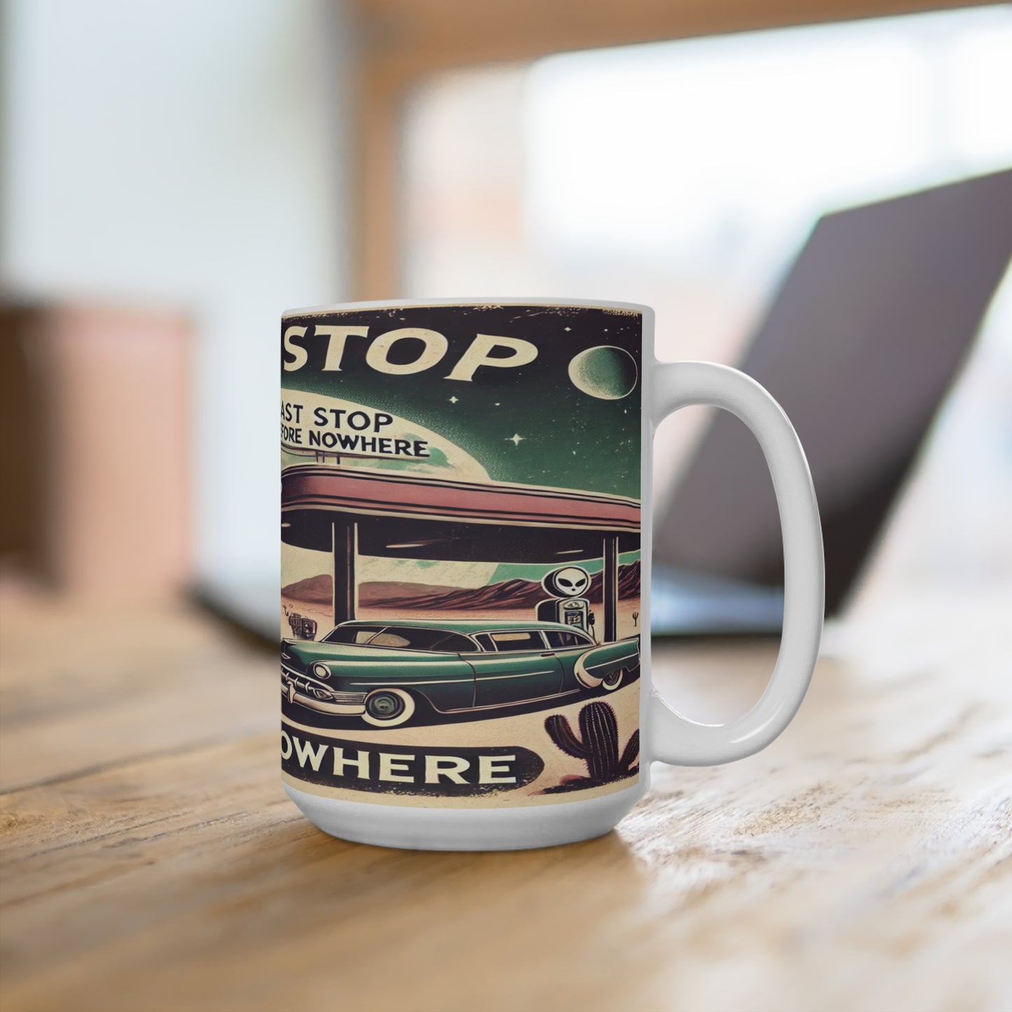 Retro Alien Themed 15oz Coffee Mug - 'Last Stop Before Nowhere'
