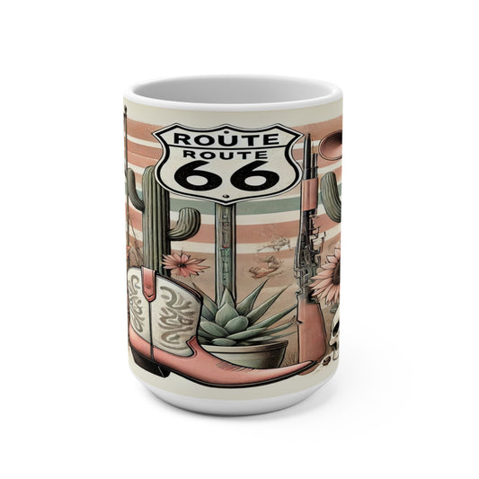 Retro Route 66 Mug - 15oz Western-Themed Coffee Cup with Cactus & Cowboy Design